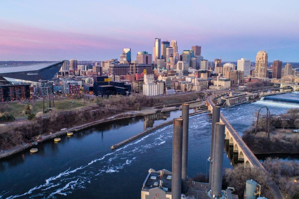 Aerial view of Minneapolis, Minnesota, showing the skyline during sunrise