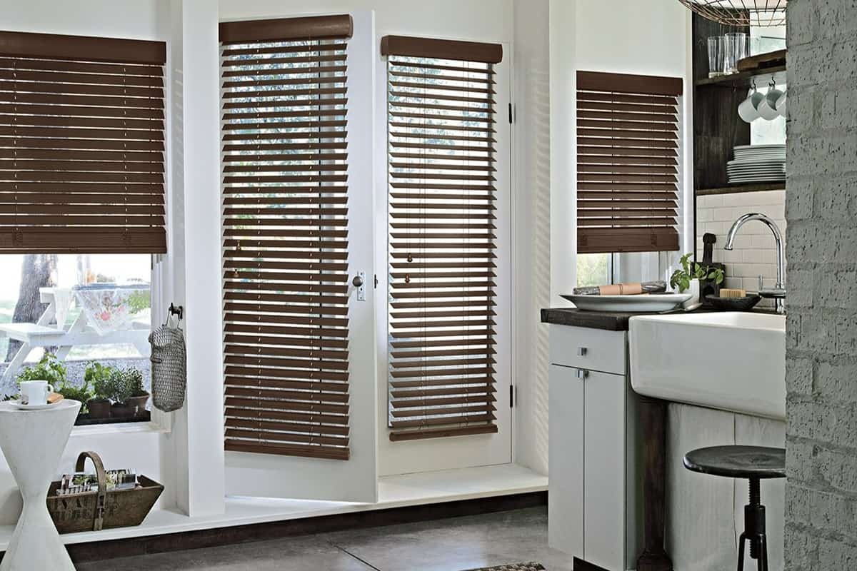 Hunter Douglas Parkland® Wood Blinds on patio and French doors near Saint Michael, Minnesota (MN)