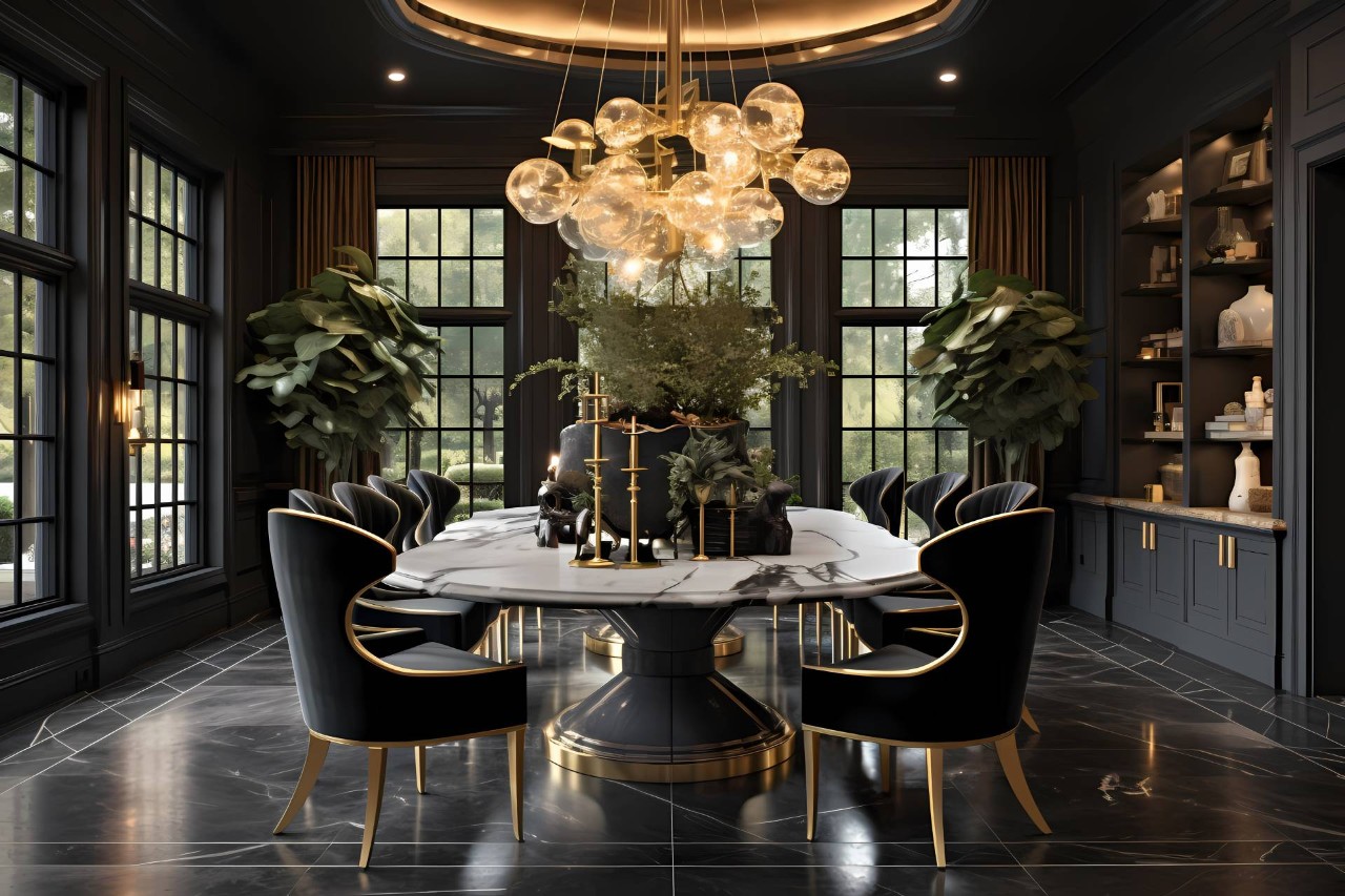 A dining room with large windows and gold accents at Shelly’s Interior Concepts near Saint Michael, MN